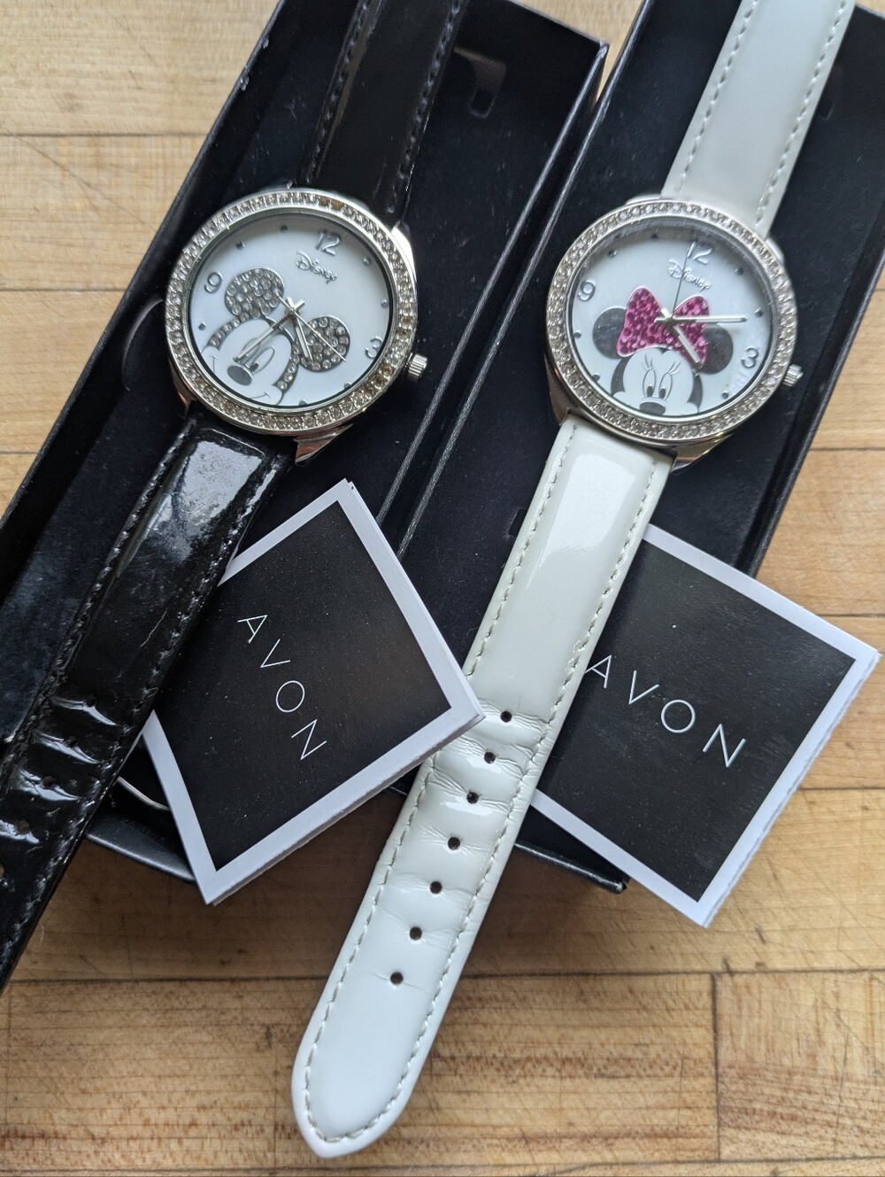 Avon Minnie And Mickey Mouse Crystal Watch Set - White and Black Straps